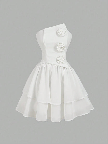 SHEIN MOD Vestido mini vintage romántico con escote asimétrico y aplicación de rosa 3D
