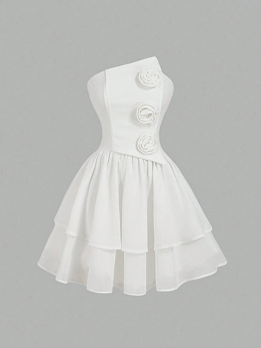 SHEIN MOD Vestido mini vintage romántico con escote asimétrico y aplicación de rosa 3D