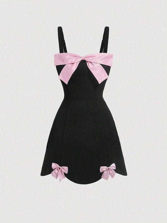 SHEIN MOD Vestido negro lindo para mujer con gran lazo en bloque de color y bajo asimétrico, vestido negro con lazo rosa y bajo curvo delante, vestido de Kentucky Derby