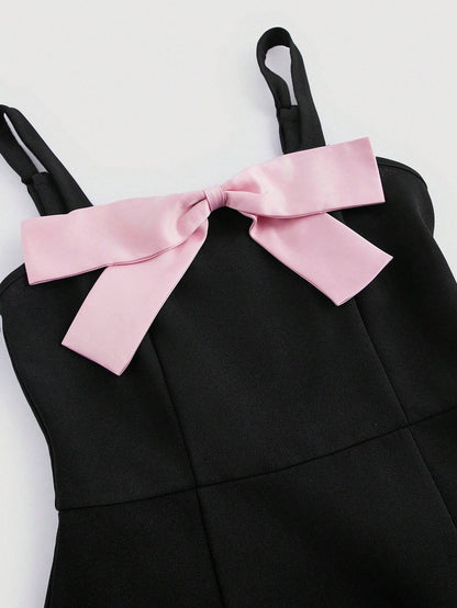 SHEIN MOD Vestido negro lindo para mujer con gran lazo en bloque de color y bajo asimétrico, vestido negro con lazo rosa y bajo curvo delante, vestido de Kentucky Derby