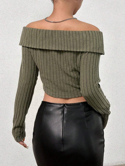 SHEIN EZwear Camiseta Corta Con Hombros Descubiertos Y Cierre Frontal De Cremallera