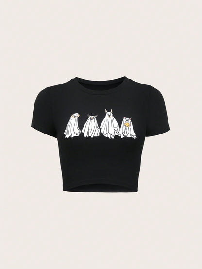 SHEIN MOOSTA Camiseta ajustada de manga corta con cuello redondo y estampado de dibujos animados para mujer, camiseta gráfica de verano