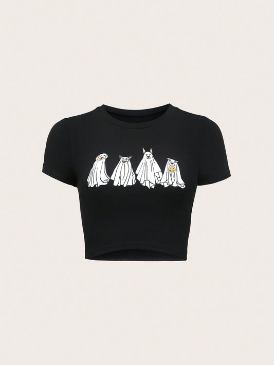 SHEIN MOOSTA Camiseta ajustada de manga corta con cuello redondo y estampado de dibujos animados para mujer, camiseta gráfica de verano