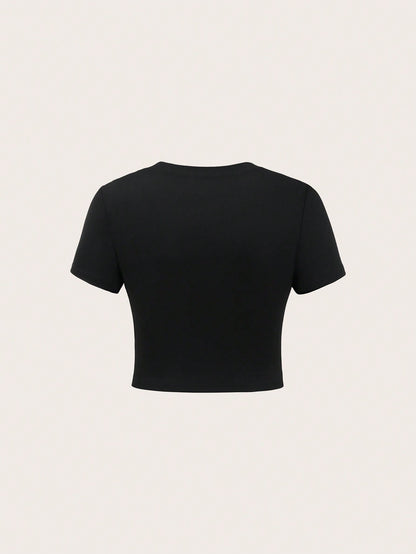 SHEIN MOOSTA Camiseta ajustada de manga corta con cuello redondo y estampado de dibujos animados para mujer, camiseta gráfica de verano