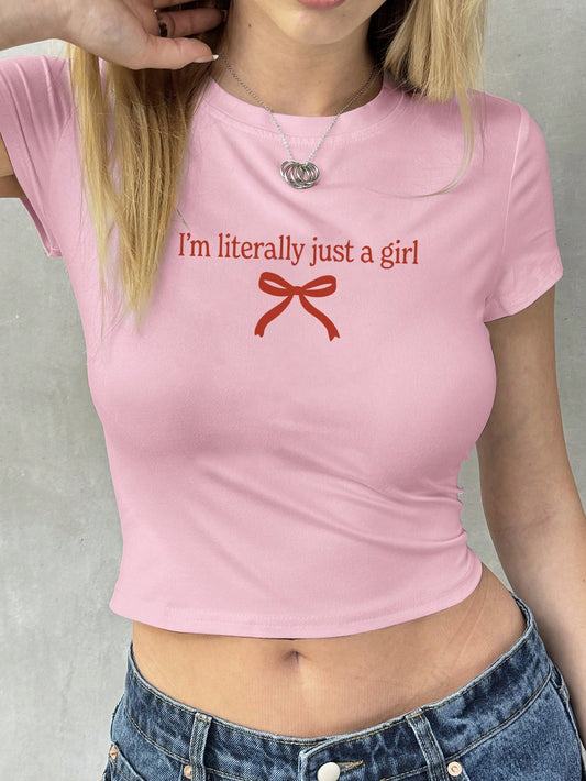 SHEIN MOOSTA Camiseta ajustada y corta de mujer con eslogan "Soy literalmente solo una chica"