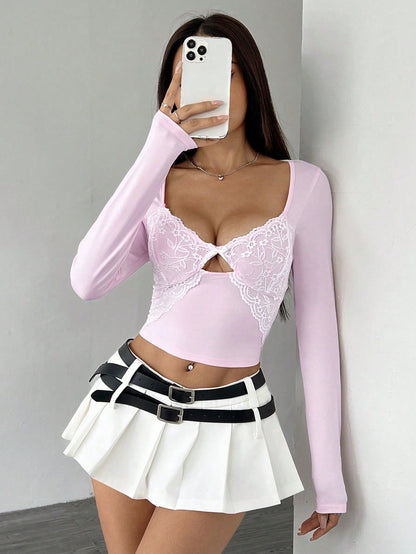 SHEIN MOOSTA Camiseta casual de manga larga con parches de encaje rosa para mujer