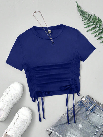 SHEIN MOOSTA Camiseta casual y elegante para mujer con cuello redondo, manga corta, volantes y lazo
