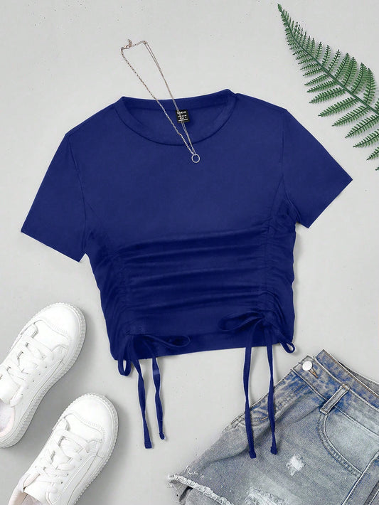 SHEIN MOOSTA Camiseta casual y elegante para mujer con cuello redondo, manga corta, volantes y lazo
