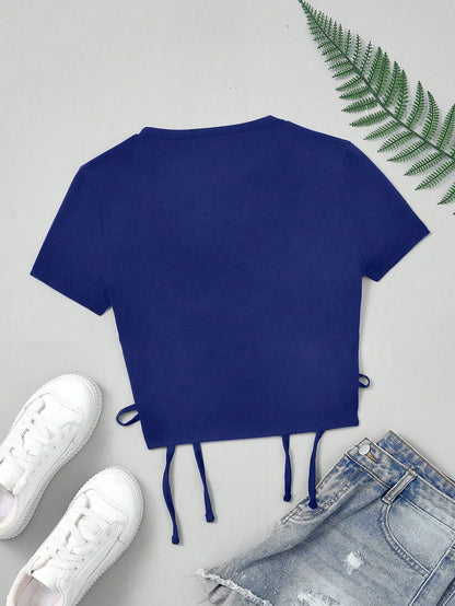 SHEIN MOOSTA Camiseta casual y elegante para mujer con cuello redondo, manga corta, volantes y lazo
