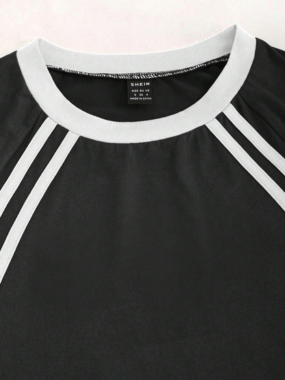 SHEIN EZwear Camiseta de ajuste ceñido de manga corta y cuello redondo con contraste de colores para mujer