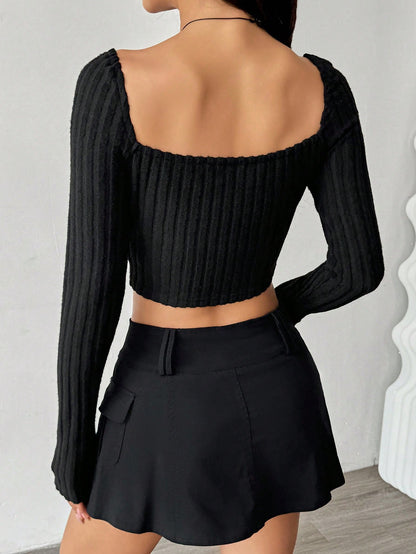 SHEIN MOOSTA Camiseta de manga larga con cuello redondo, lazo y tela texturizada, estilo novia suave y elegante para mujer, Top corto negro de manga larga