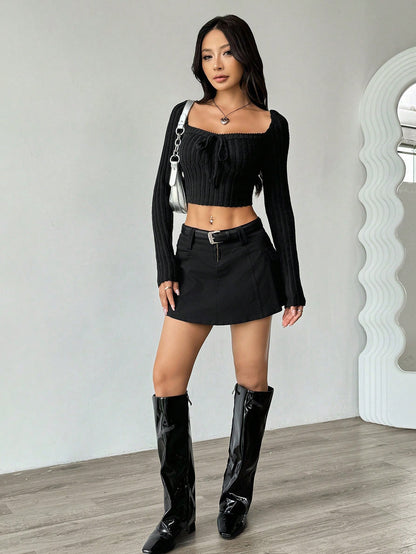 SHEIN MOOSTA Camiseta de manga larga con cuello redondo, lazo y tela texturizada, estilo novia suave y elegante para mujer, Top corto negro de manga larga