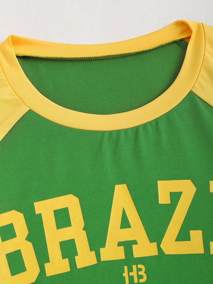 SHEIN EZwear Camiseta de mujer de manga corta con cuello redondo y estampado brasileño de bloques de color