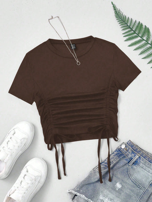 SHEIN MOOSTA Camiseta informal de verano para mujer, de unicolor, cuello redondo, manga corta, con cordón