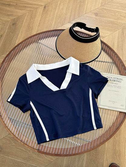 SHEIN EZwear Camiseta simple de manga corta para mujer con bloque de color para el uso diario
