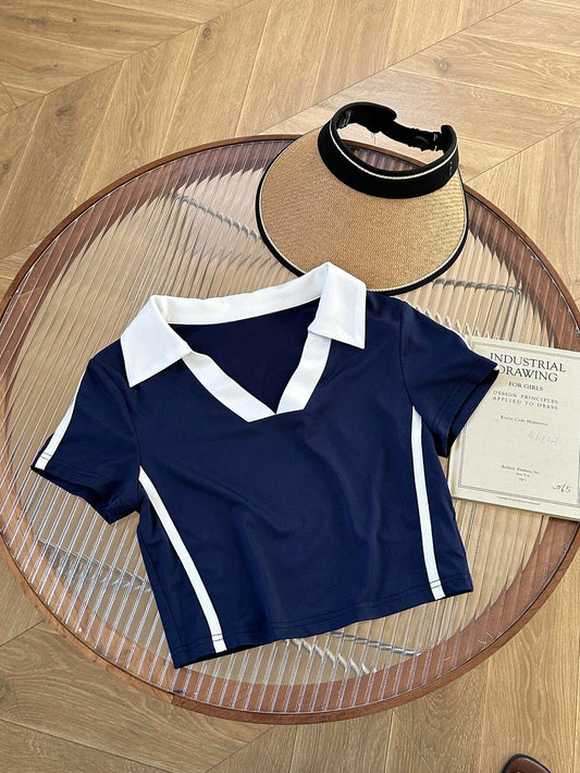 SHEIN EZwear Camiseta simple de manga corta para mujer con bloque de color para el uso diario