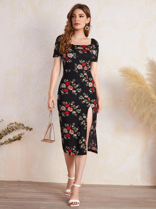 SHEIN Modely Vestido con estampado floral de muslo con abertura