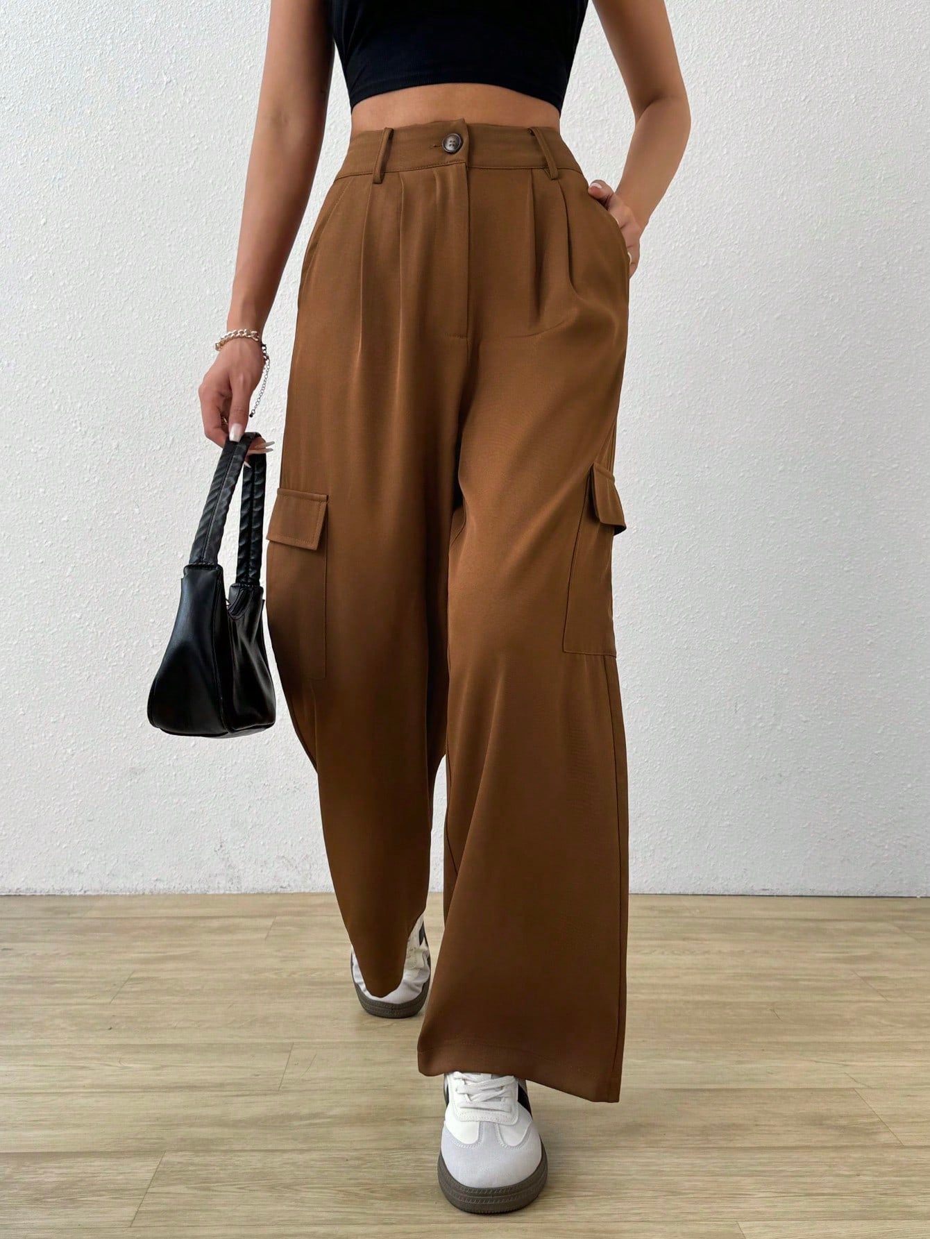 SHEIN Mulvari Pantalones de traje rectos de pierna recta con cintura alta, bolsillo de solapa en el costado