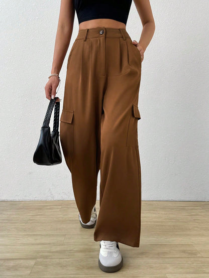 SHEIN Mulvari Pantalones de traje rectos de pierna recta con cintura alta, bolsillo de solapa en el costado