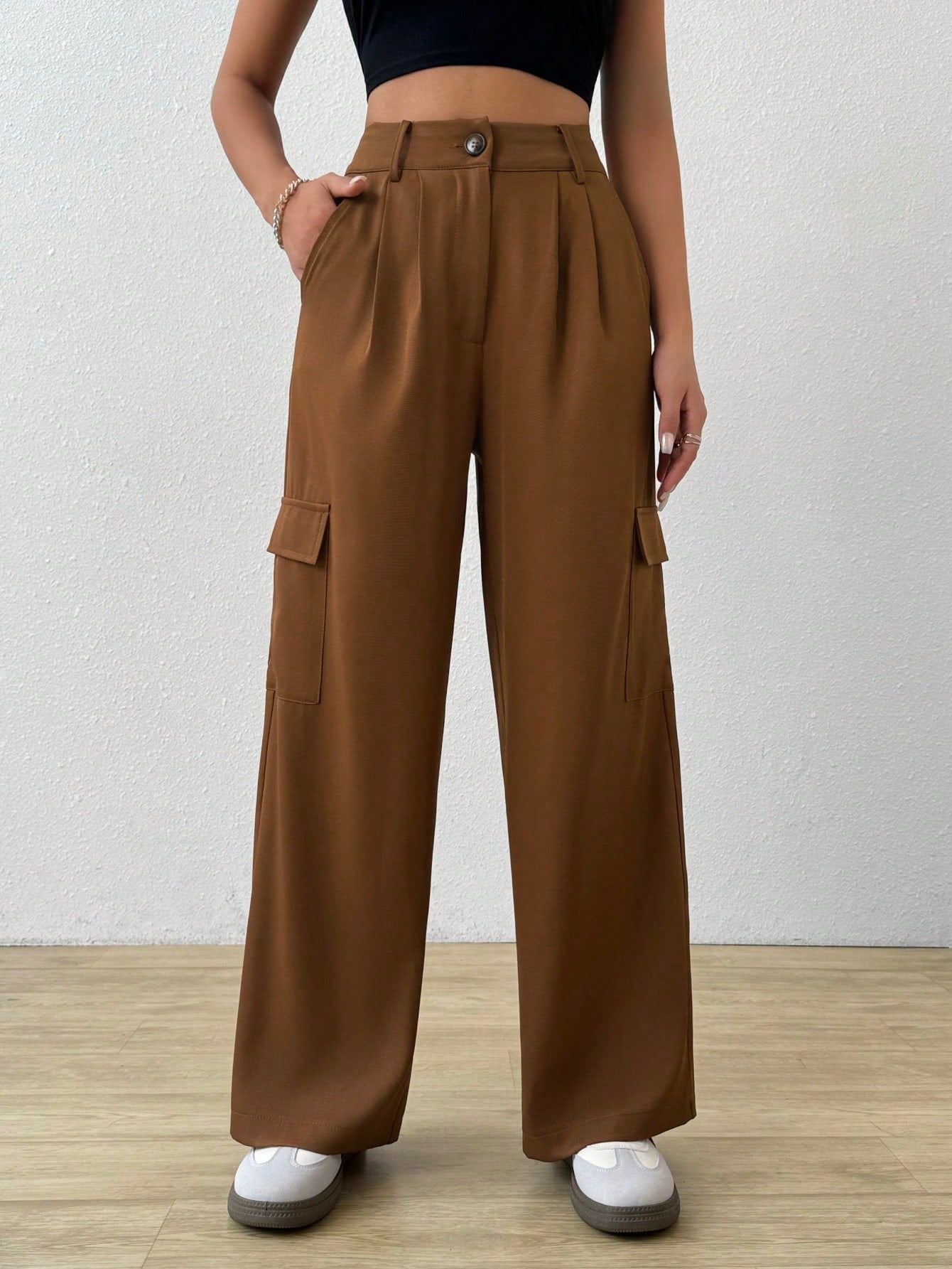 SHEIN Mulvari Pantalones de traje rectos de pierna recta con cintura alta, bolsillo de solapa en el costado