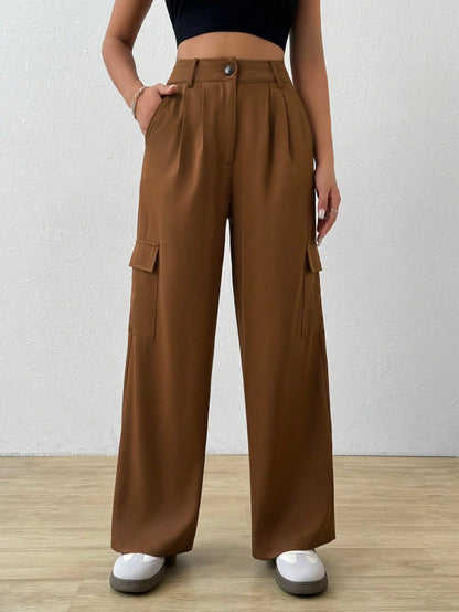 SHEIN Mulvari Pantalones de traje rectos de pierna recta con cintura alta, bolsillo de solapa en el costado