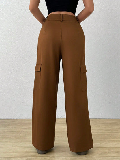 SHEIN Mulvari Pantalones de traje rectos de pierna recta con cintura alta, bolsillo de solapa en el costado