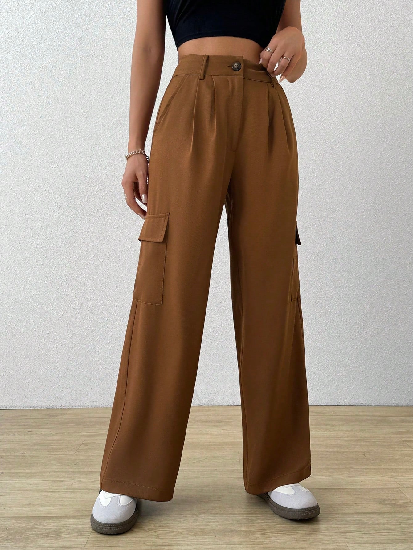 SHEIN Mulvari Pantalones de traje rectos de pierna recta con cintura alta, bolsillo de solapa en el costado