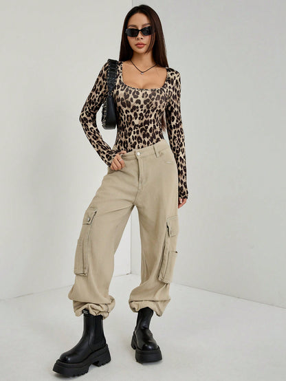 SHEIN PETITE Body de manga larga con estampado de leopardo para mujer