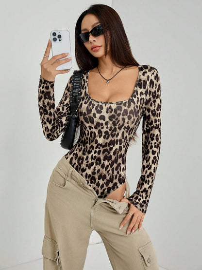 SHEIN PETITE Body de manga larga con estampado de leopardo para mujer