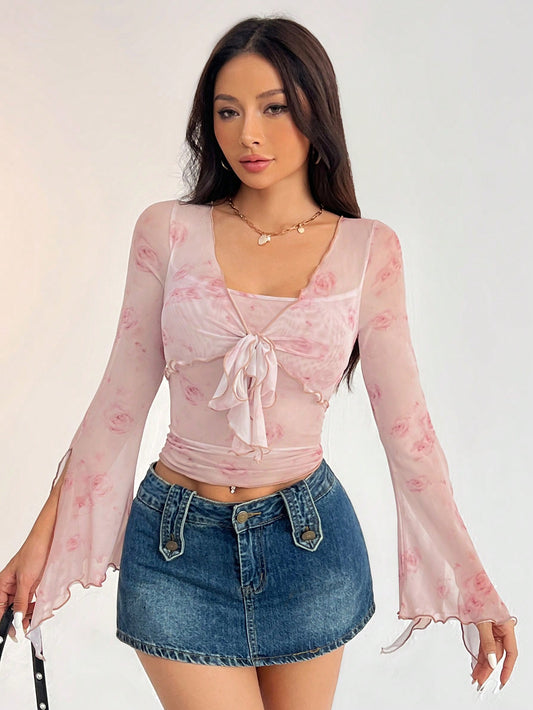 SHEIN PETITE Camiseta de manga acampanada con estampado floral y lazo delantero, transparente, para mujeres