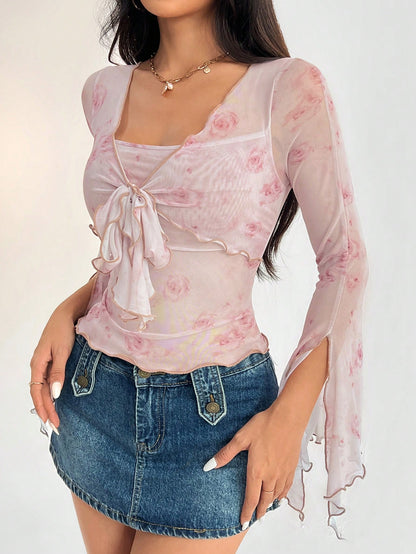 SHEIN PETITE Camiseta de manga acampanada con estampado floral y lazo delantero, transparente, para mujeres