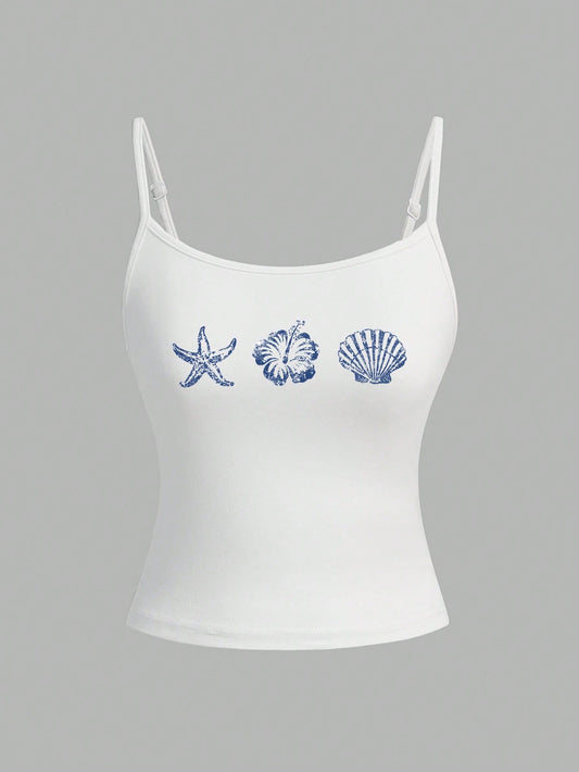 SHEIN PETITE Camisetas de tirantes ajustadas casuales y sexys para mujer, adecuadas para el verano, con estampados de estrella de mar, hibisco y concha marina