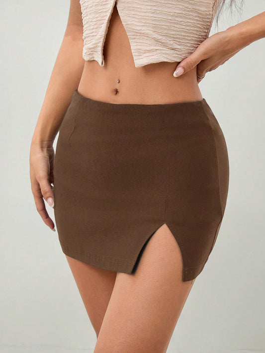 SHEIN PETITE Minifalda ajustada de unicolor sexy con abertura lateral para mujer
