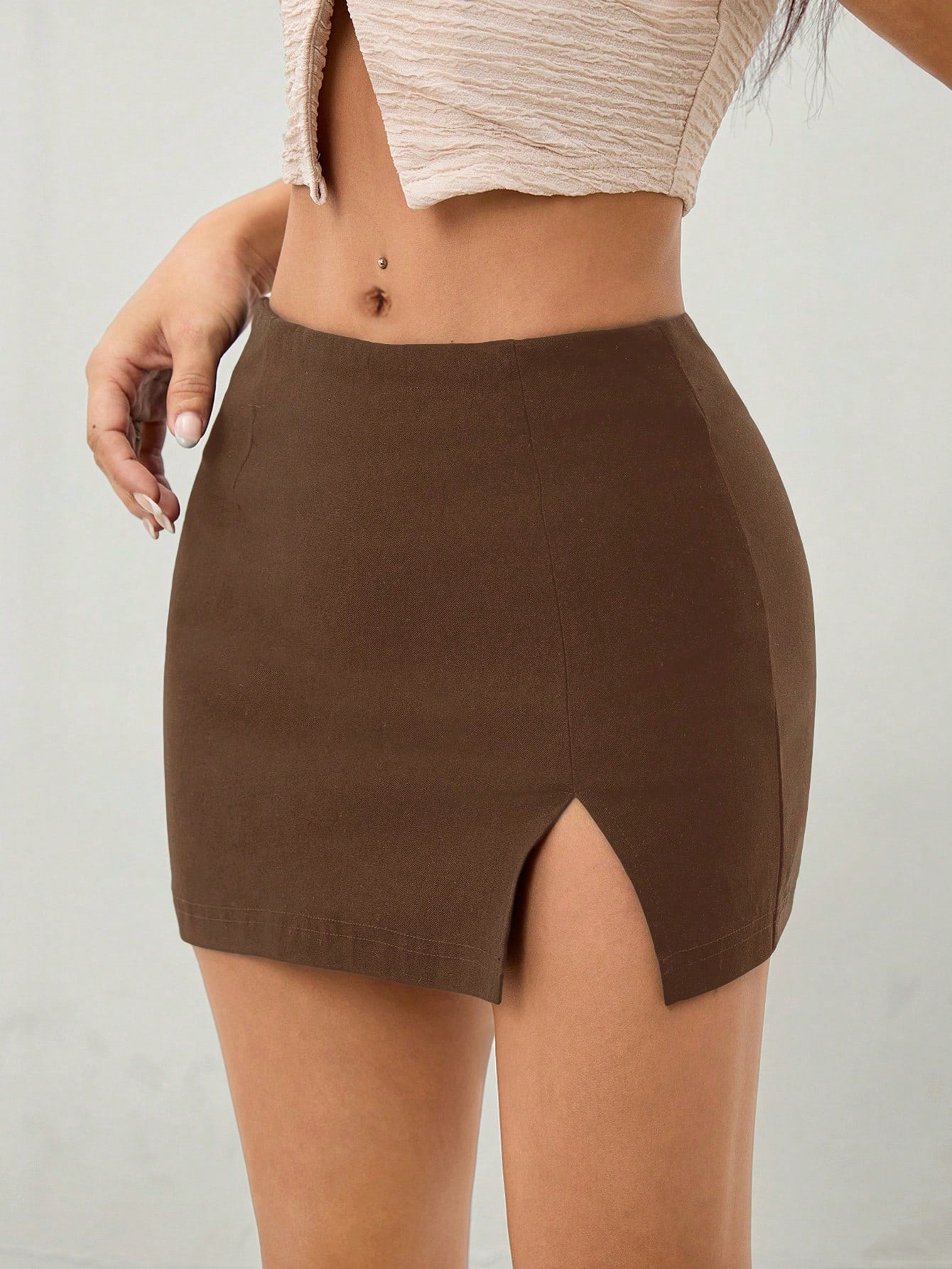 SHEIN PETITE Minifalda ajustada de unicolor sexy con abertura lateral para mujer