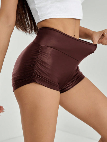 SHEIN PETITE Mujeres Leggings cortos de unicolor plisados de piel de imitación negra