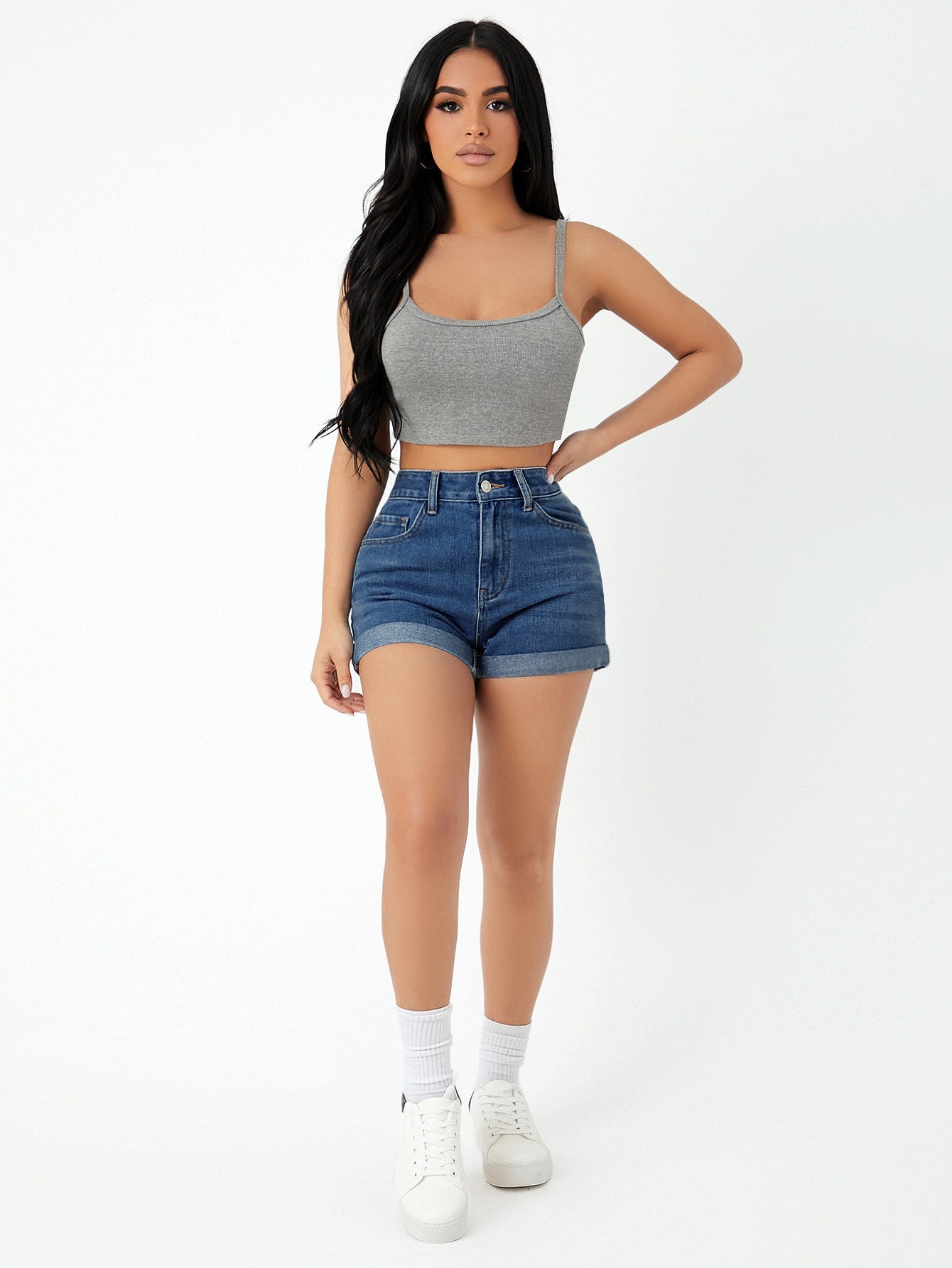 SHEIN PETITE Shorts en mezclilla bajo de doblez