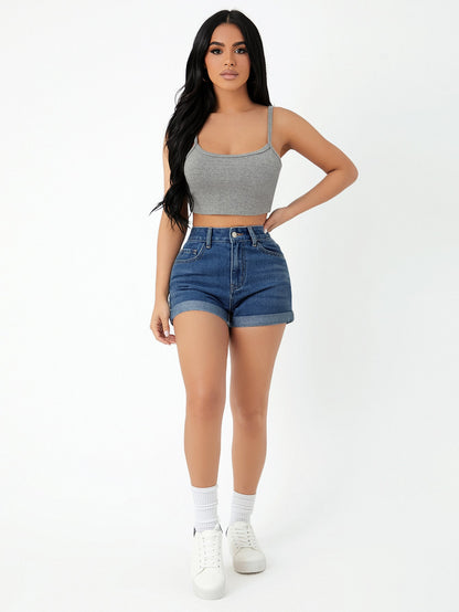 SHEIN PETITE Shorts en mezclilla bajo de doblez
