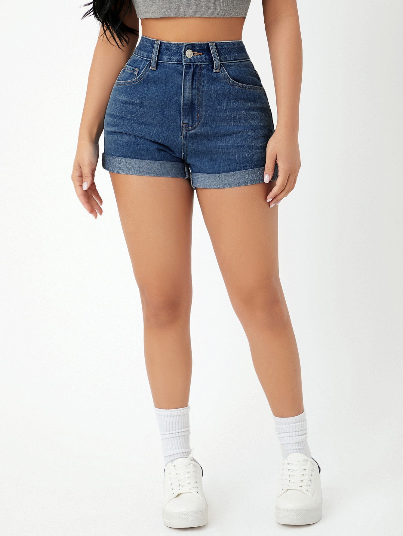 SHEIN PETITE Shorts en mezclilla bajo de doblez