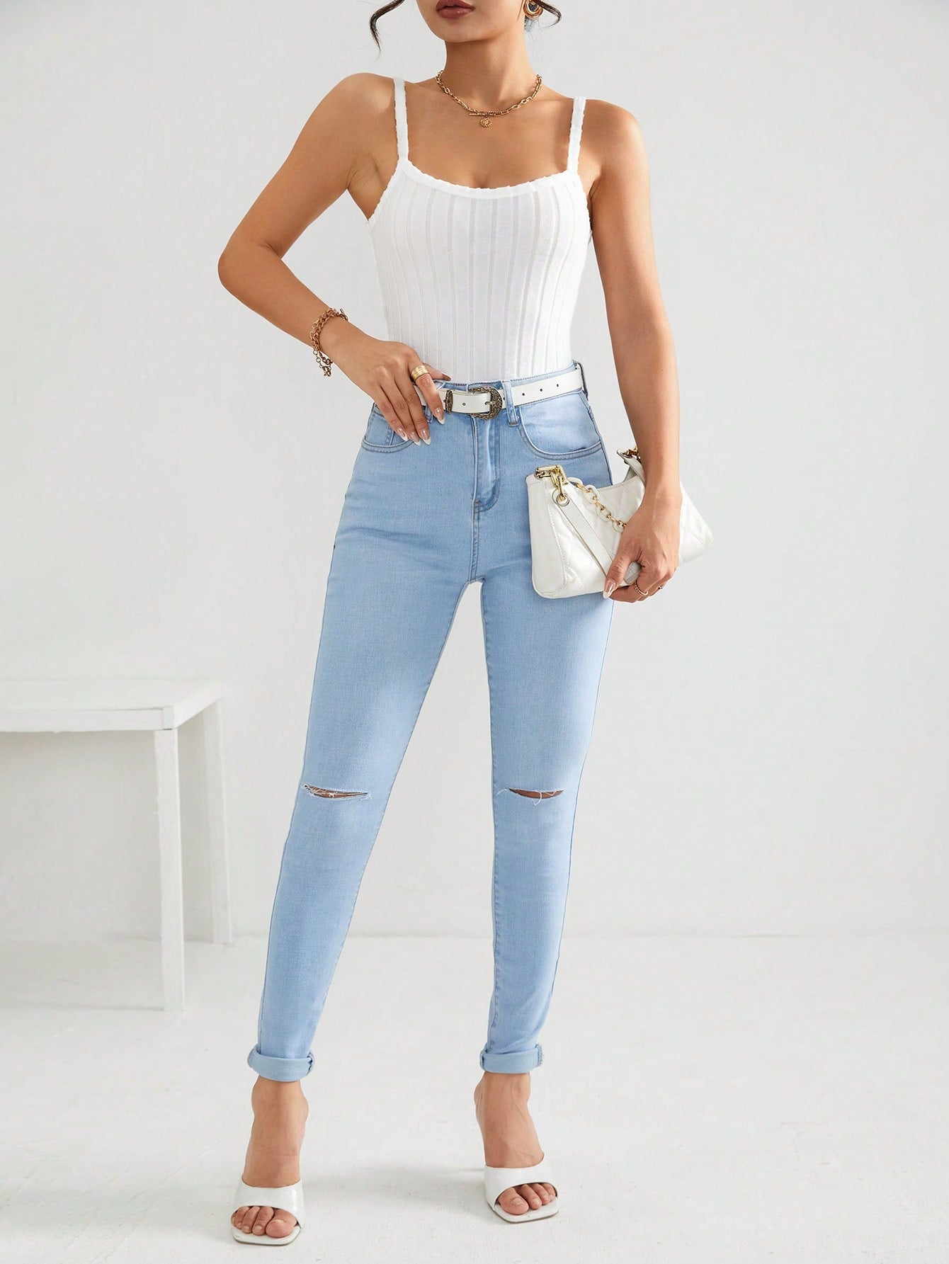 SHEIN PETITE Top De Mujer Ribeteado Tejido Con Diseño De Canalé