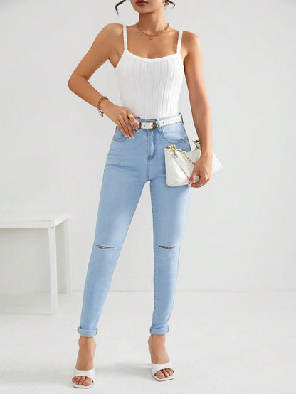 SHEIN PETITE Top De Mujer Ribeteado Tejido Con Diseño De Canalé