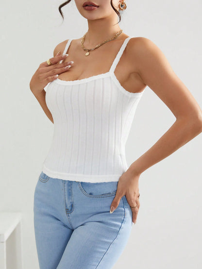SHEIN PETITE Top De Mujer Ribeteado Tejido Con Diseño De Canalé
