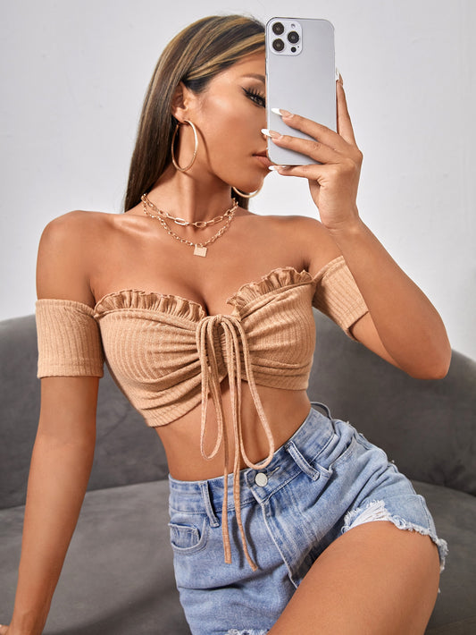 SHEIN PETITE Top de hombros descubiertos ribete fruncido con cordón delantero fruncido