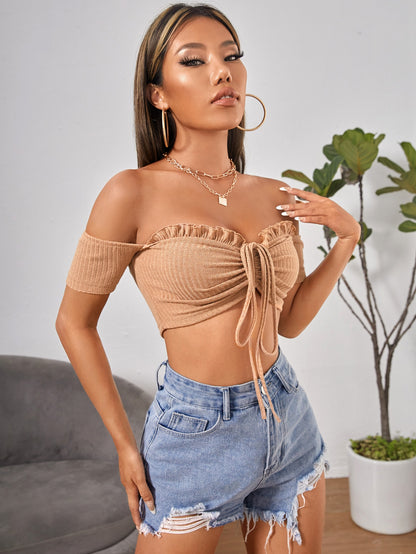 SHEIN PETITE Top de hombros descubiertos ribete fruncido con cordón delantero fruncido