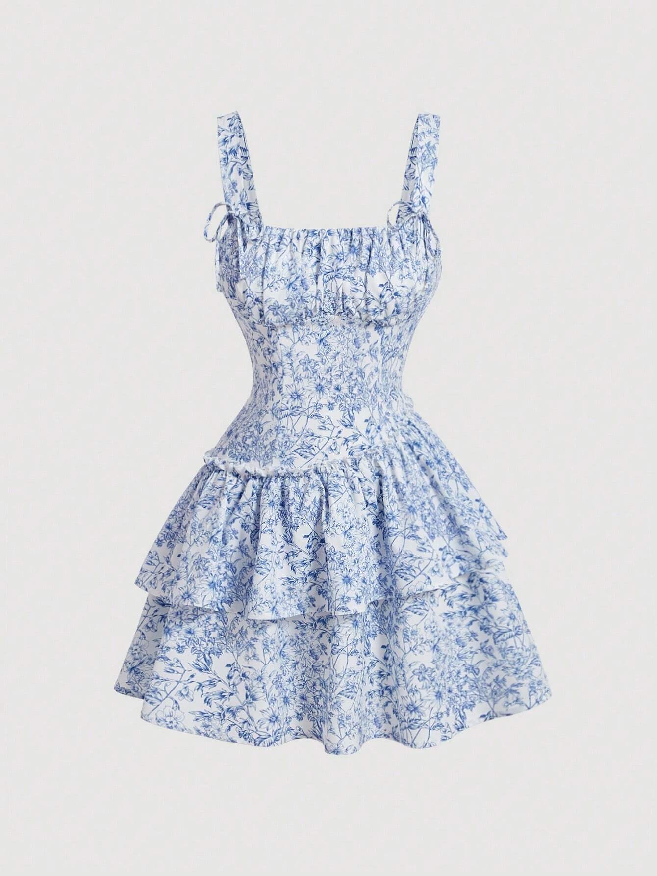 SHEIN PETITE Vestido romántico con cintura oblicua estampado en porcelana azul y blanca con fondo blanco