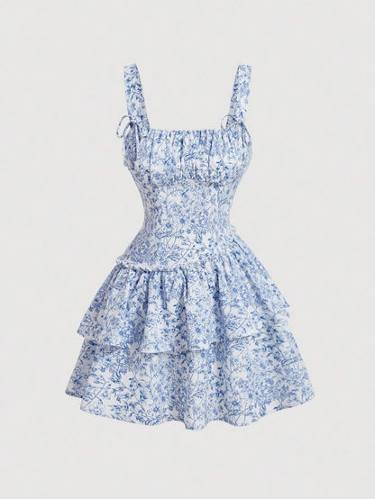SHEIN PETITE Vestido romántico con cintura oblicua estampado en porcelana azul y blanca con fondo blanco