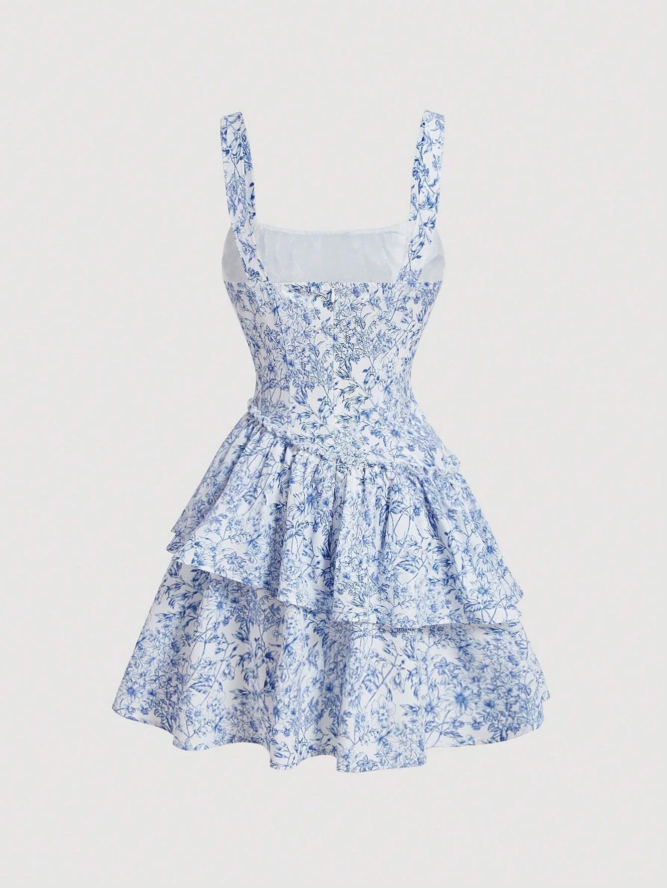 SHEIN PETITE Vestido romántico con cintura oblicua estampado en porcelana azul y blanca con fondo blanco