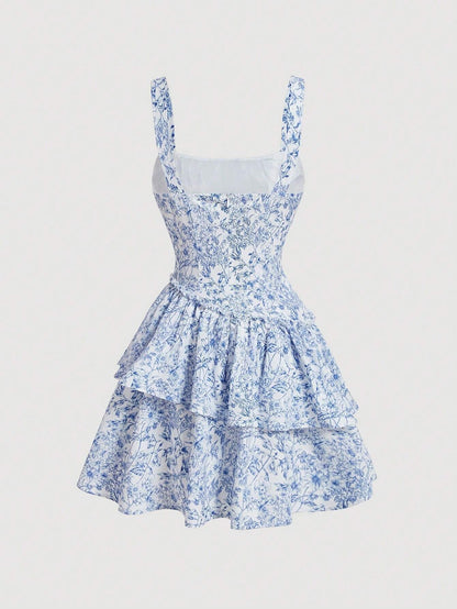 SHEIN PETITE Vestido romántico con cintura oblicua estampado en porcelana azul y blanca con fondo blanco