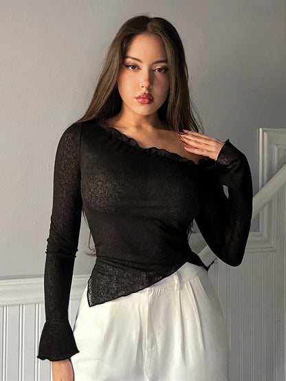 SHEIN Privé Blusa elegante y minimalista de mujer, de manga larga, con ajuste ceñido y bajo asimétrico de encaje negro