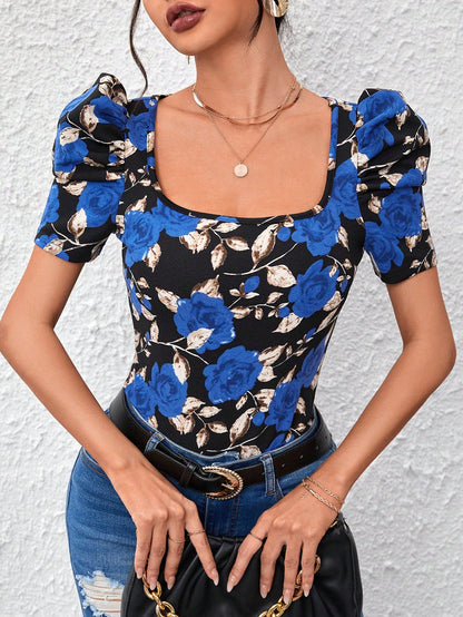 SHEIN Privé Camiseta con estampado floral de cuello cuadrado de manga farol