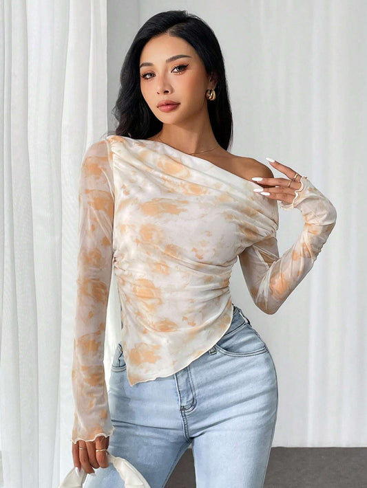 SHEIN Privé Camiseta de manga larga de ajuste entallado con cuello asimétrico y estampado de tie-dye para mujer de primavera/verano